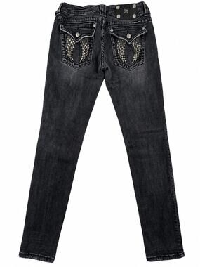 Y2K Miss Me Jeans Womens 29 Black Skinny Rhinestone Angel Wing Flap Pockets